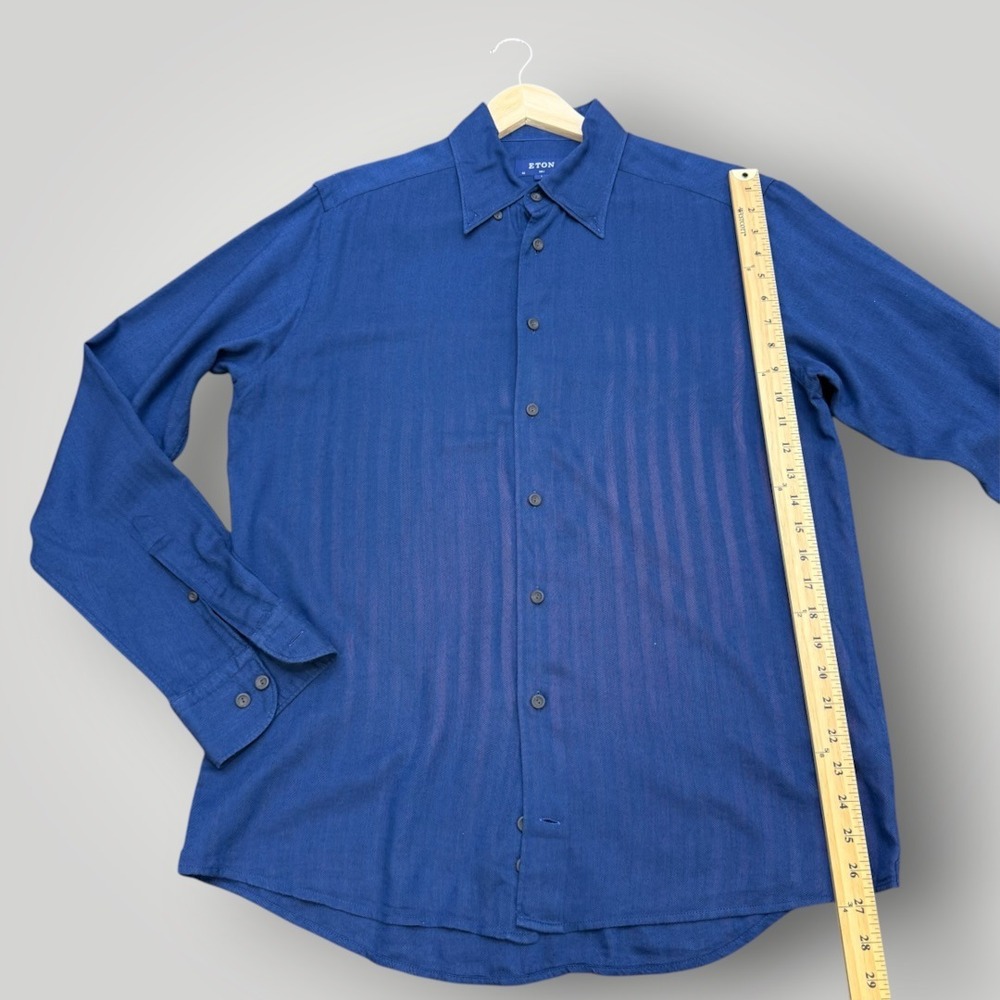 Eton Slim Fit Navy Blue Herringbone Cotton Lyocell Button Down Shirt 42 16.5 L